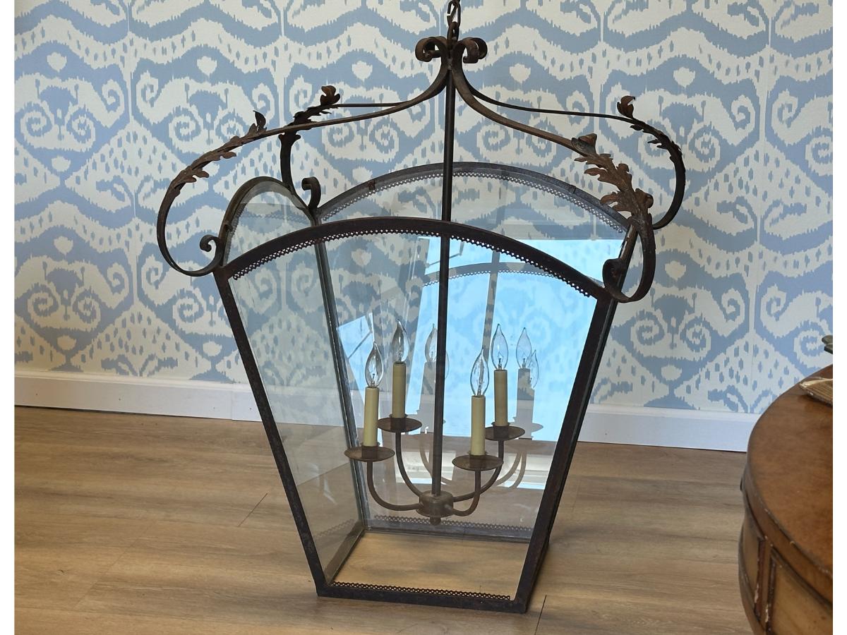 Large Iron & Glass Lantern with Acanthus Leaves