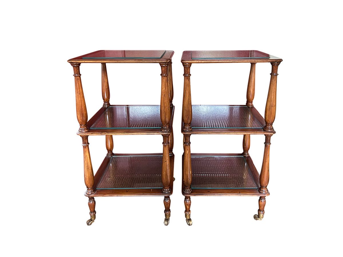 Three-Tiered Cane & Wood End Tables, Pair