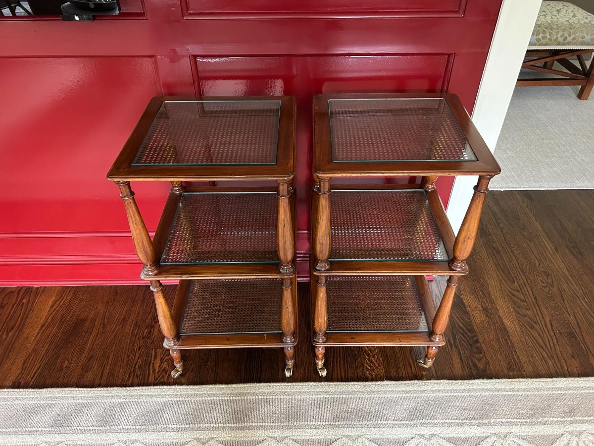Three-Tiered Cane & Wood End Tables, Pair