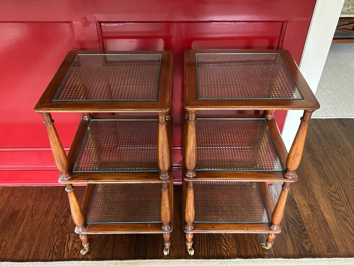 Three-Tiered Cane & Wood End Tables, Pair
