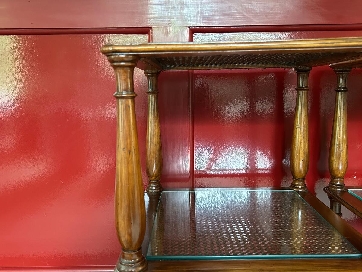 Three-Tiered Cane & Wood End Tables, Pair