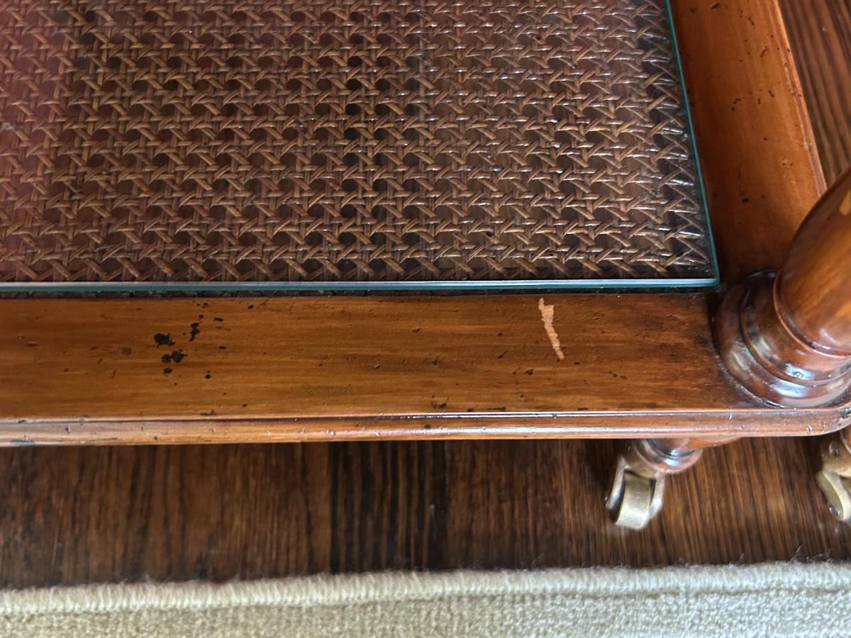 Three-Tiered Cane & Wood End Tables, Pair