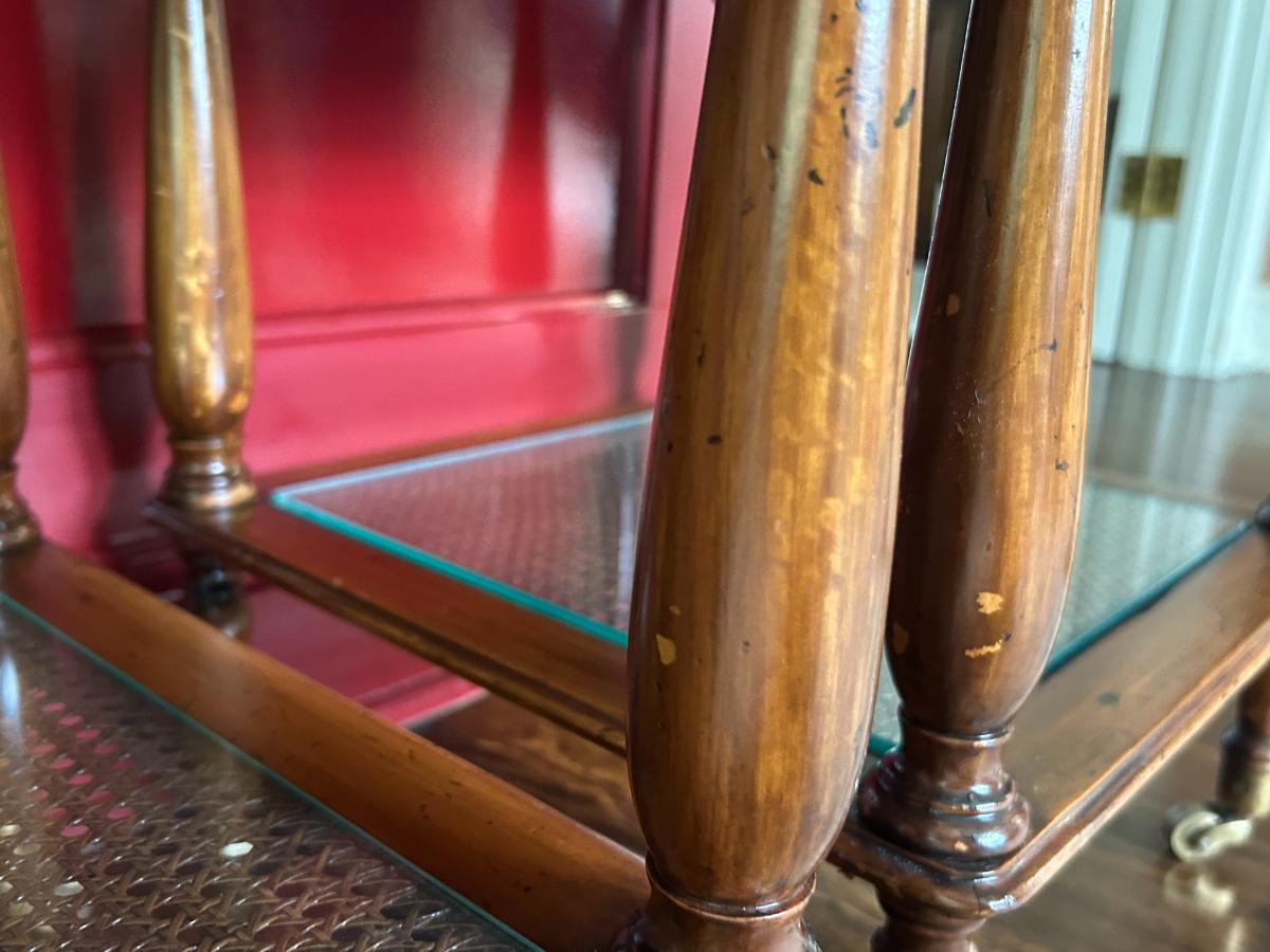 Three-Tiered Cane & Wood End Tables, Pair