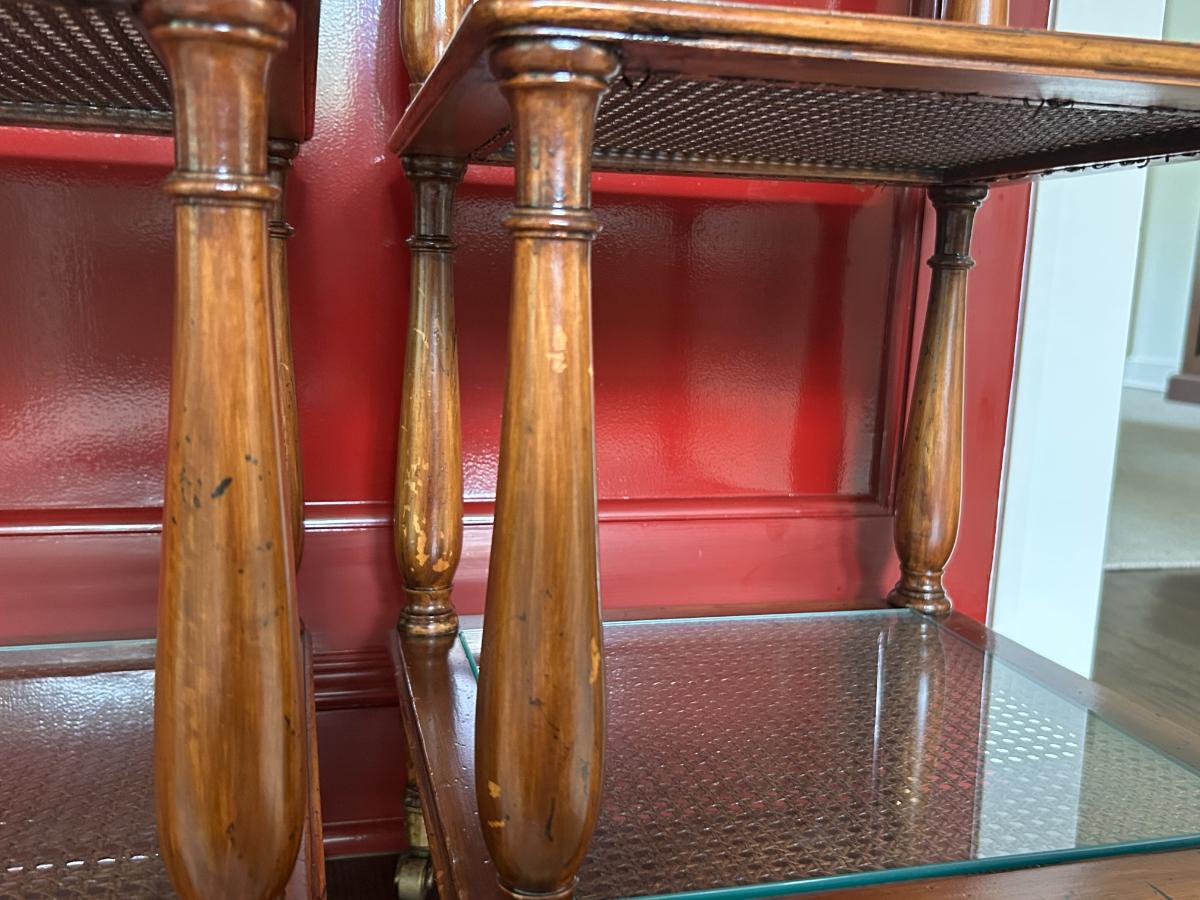 Three-Tiered Cane & Wood End Tables, Pair