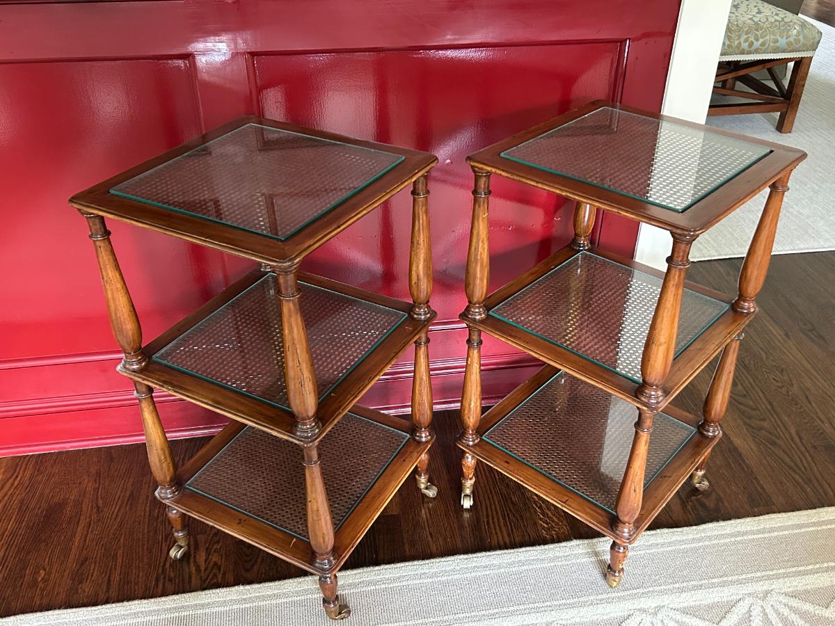 Three-Tiered Cane & Wood End Tables, Pair
