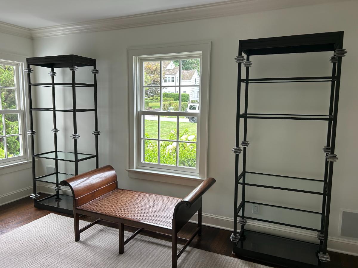 Custom Painted Metal and Glass Bookcases, Pair