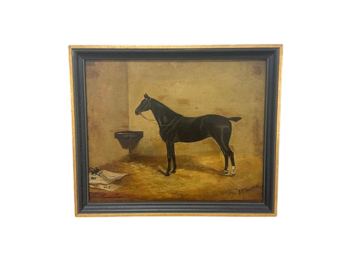 Portrait of a Horse in Stable, Oil on Canvas, Signed Lower Right