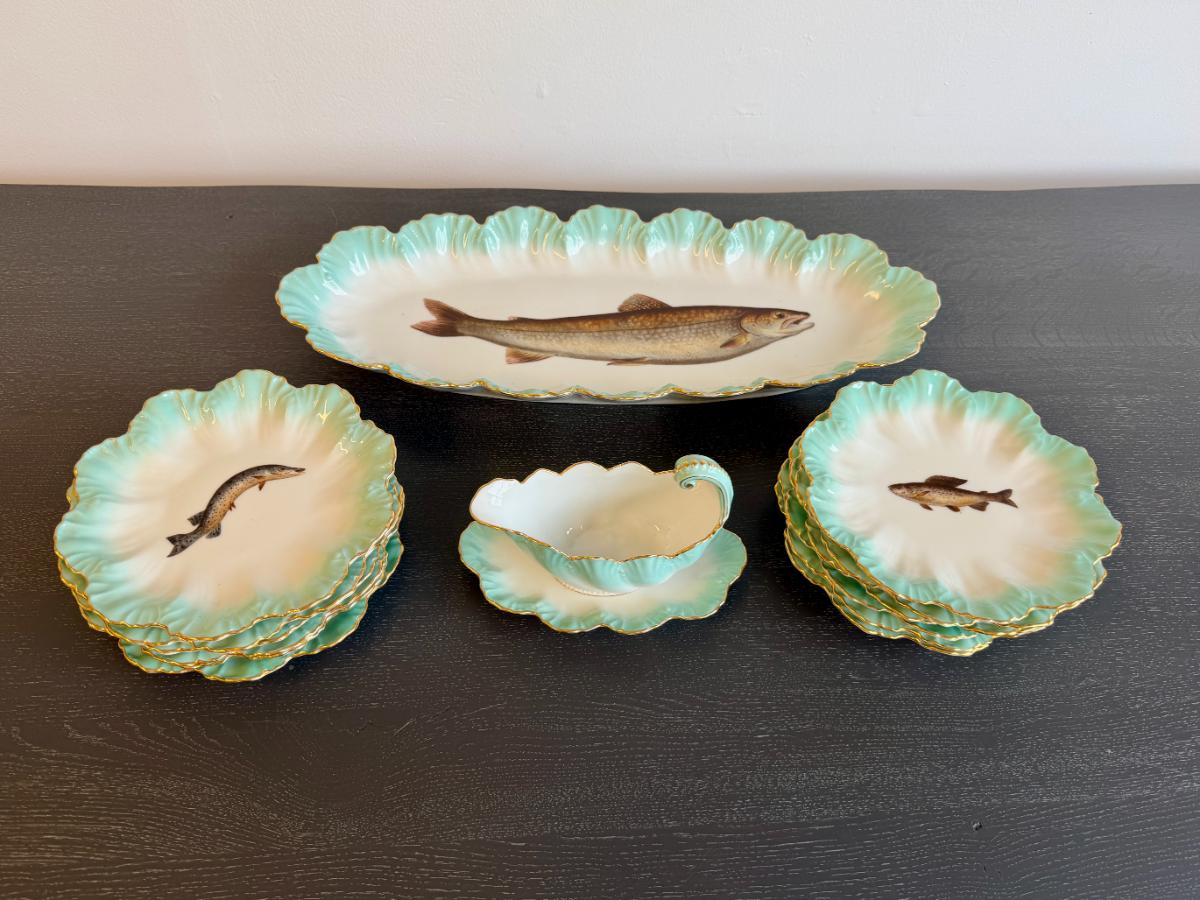 Antique Limoges Fish Plates and Serving Pieces, Set of 15
