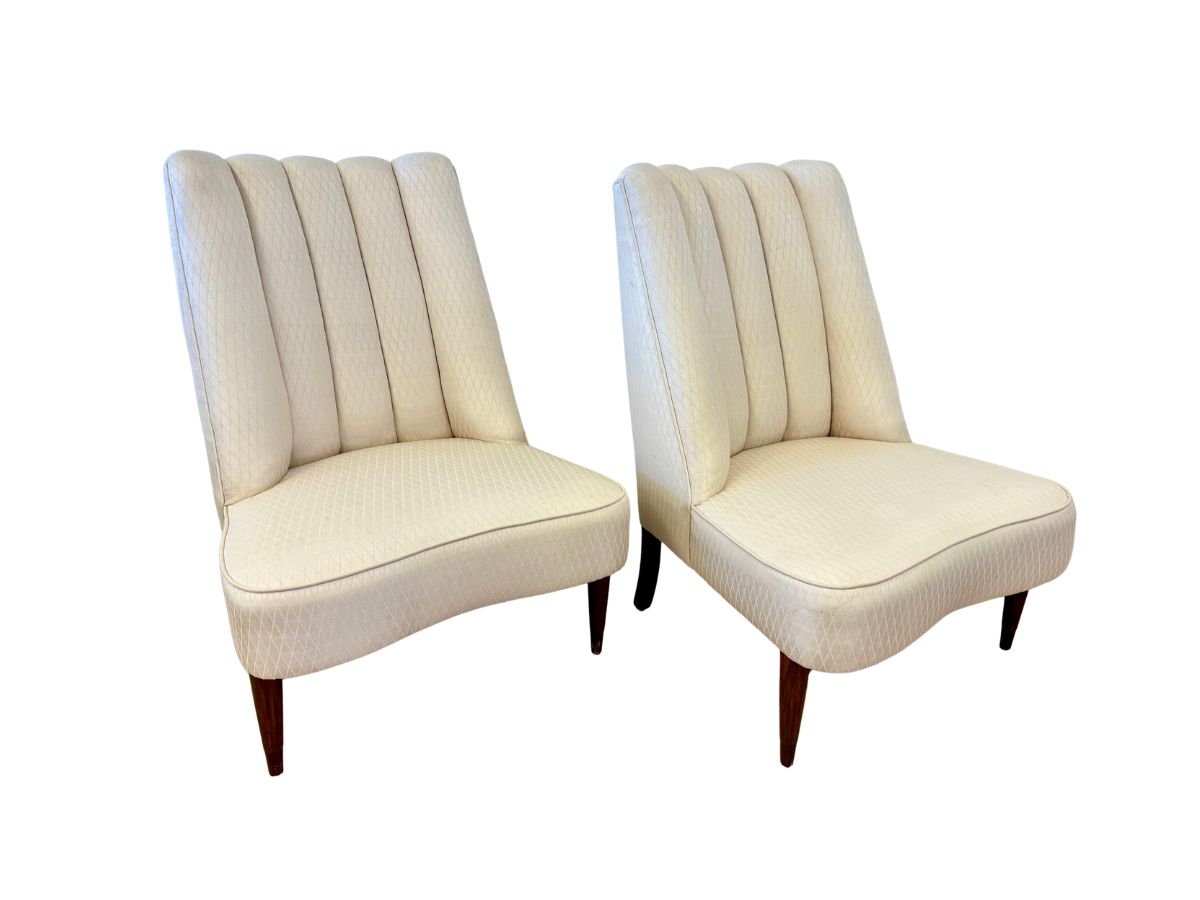 Vintage Channel Back Slipper Chairs in Ivory Upholstery, Pair