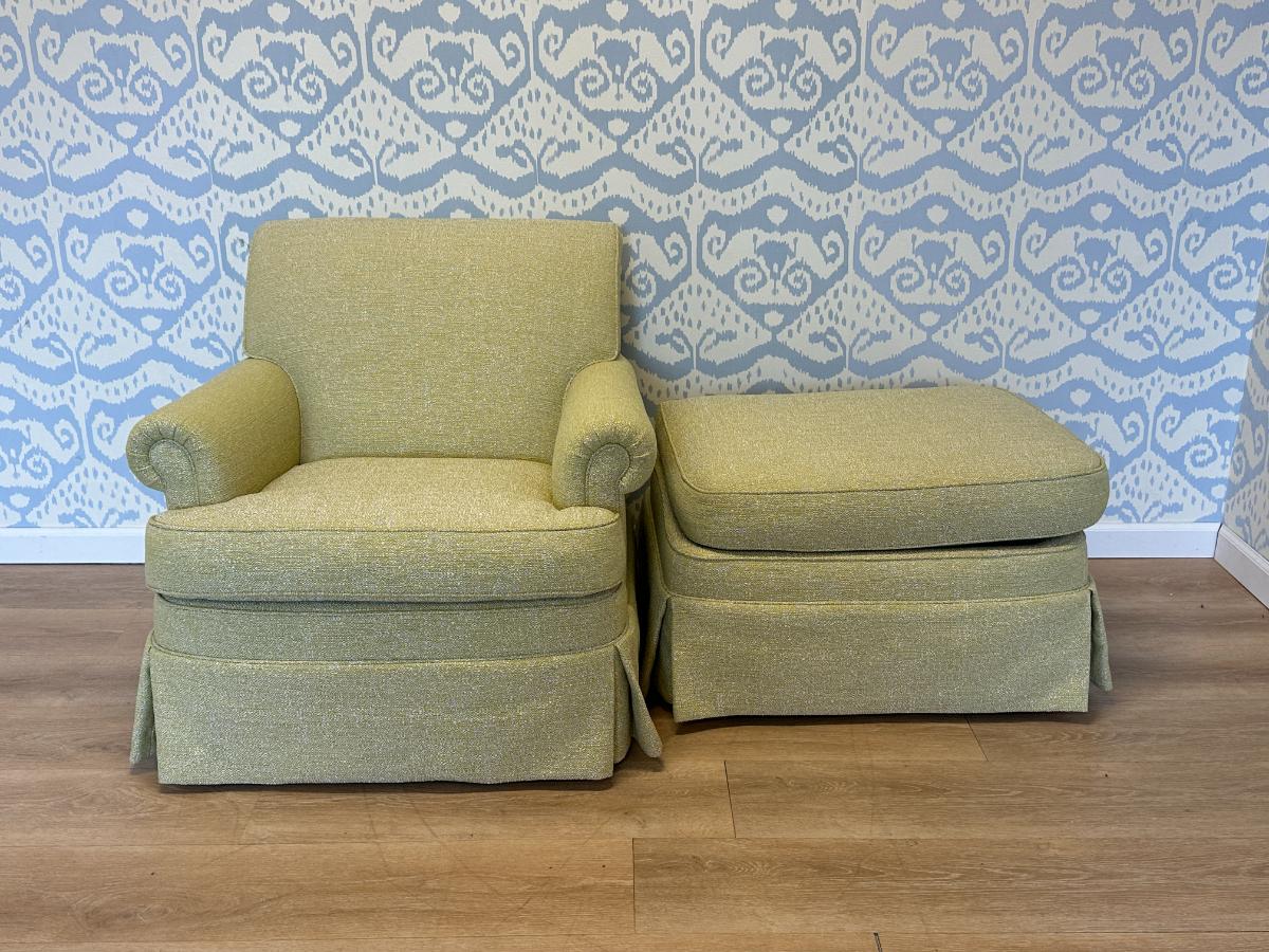 Skirted Club Chair & Ottoman, Newly Upholstered