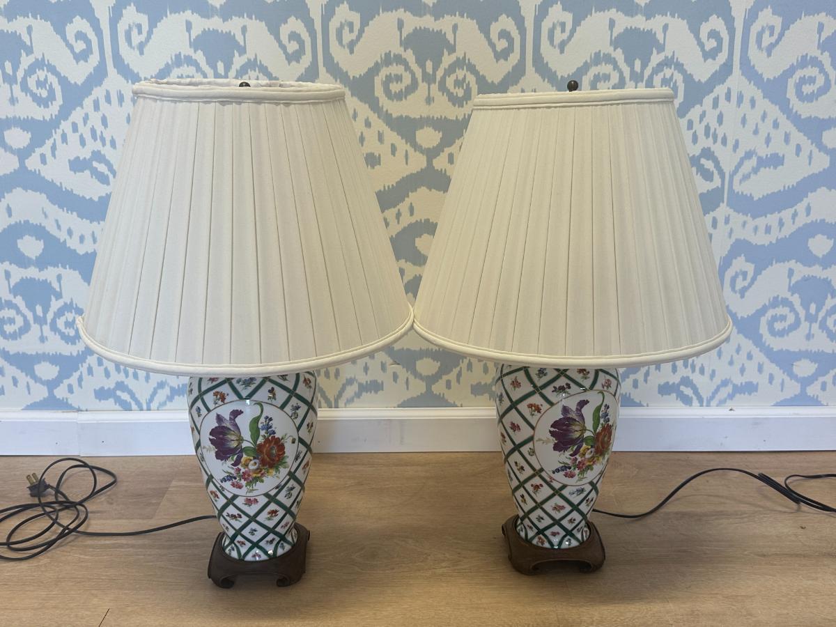 Italian Elios Hand-Painted Vase Table Lamps, Pair