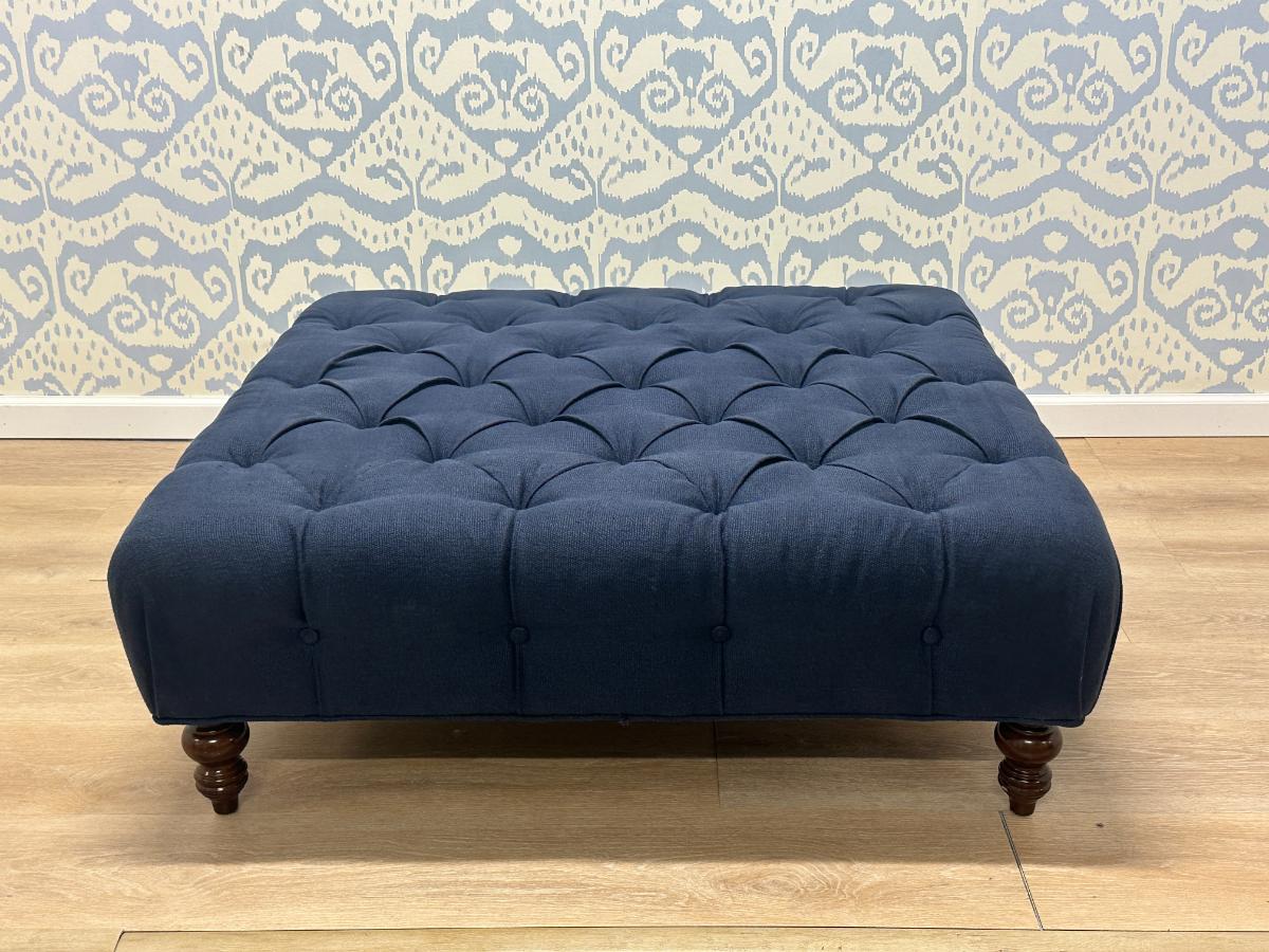 Dark Blue Tufted Ottoman in Schumacher Fabric