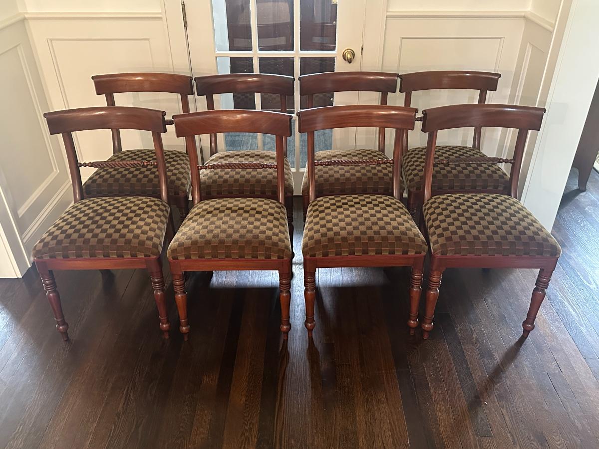 Regency Style Side Chairs with Custom Upholstered Seats in Pollack Cut Velvet, Set of 8