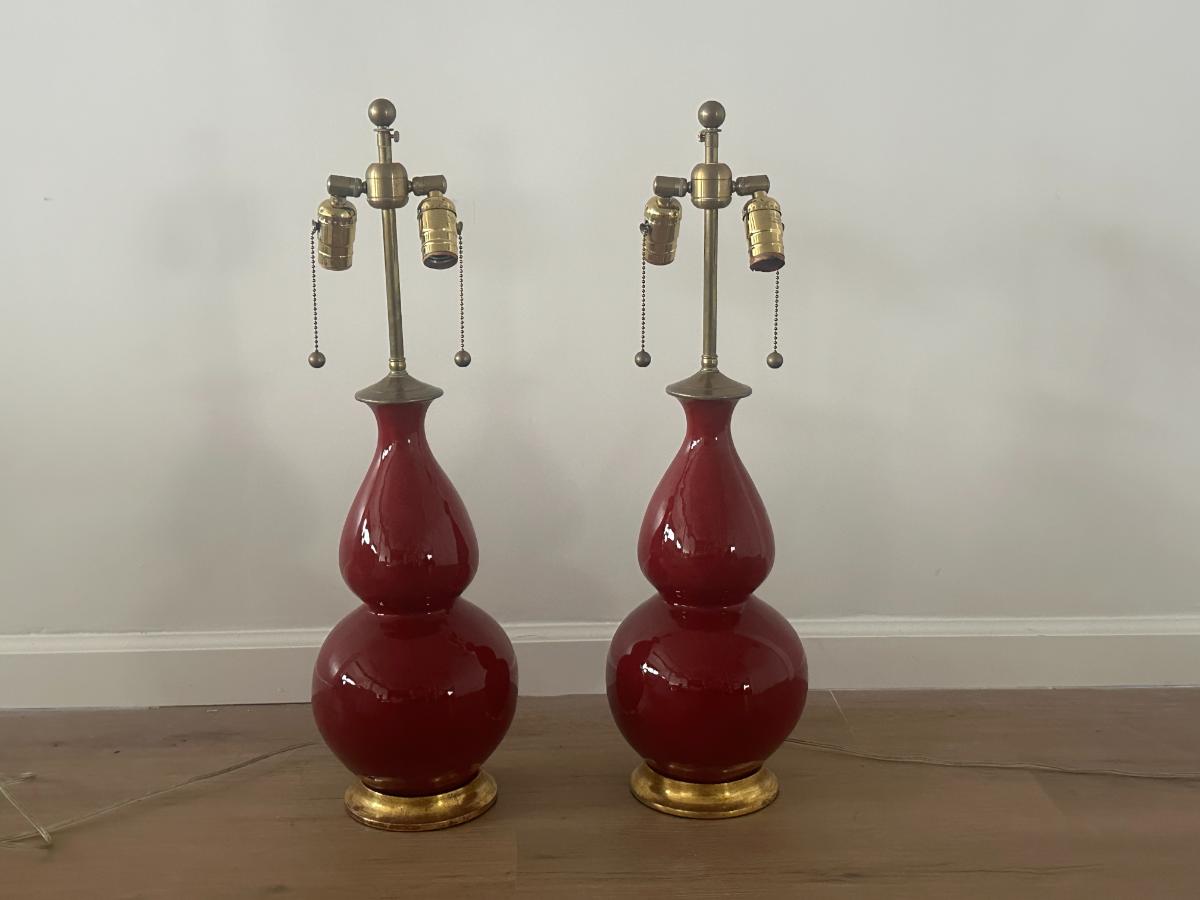 Christopher Spitzmiller Red Double Gourd Lamps, Pair