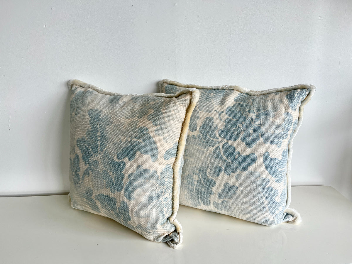 22" Blue & White Floral Pillows, Pair