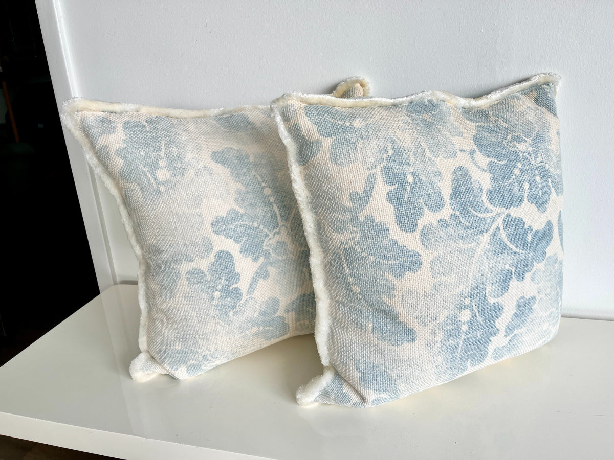 22" Blue & White Floral Pillows, Pair
