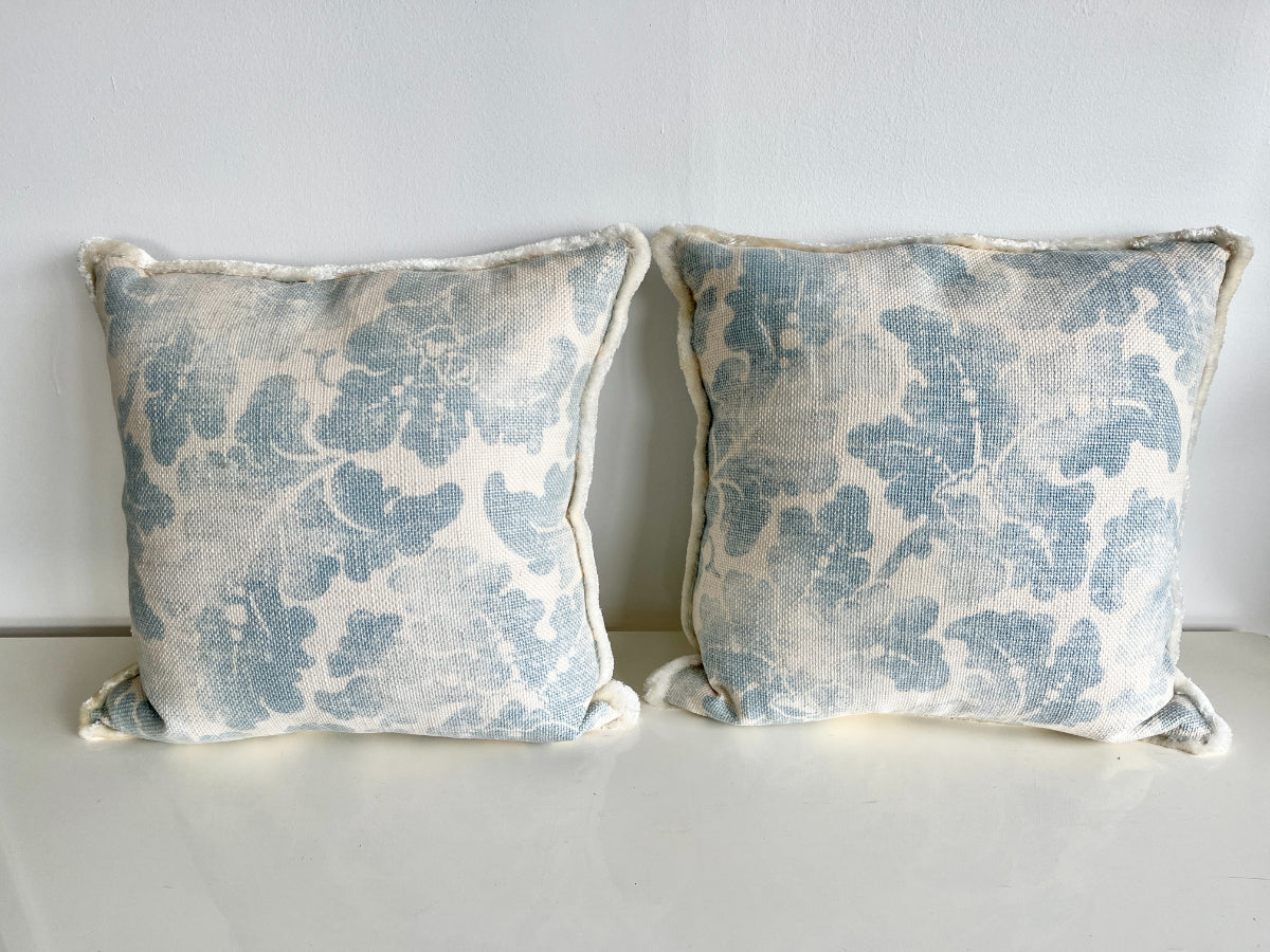 22" Blue & White Floral Pillows, Pair