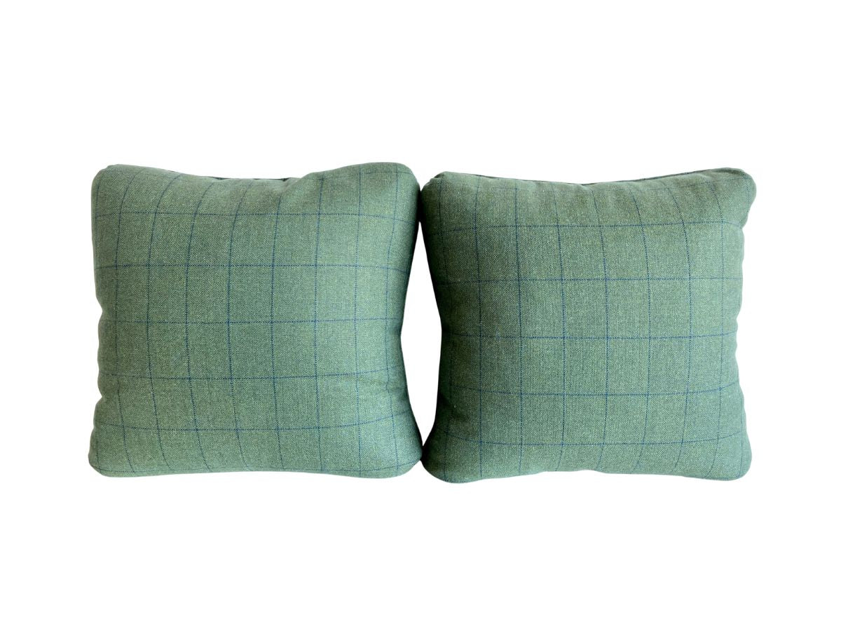Forest Green Pillows with Blue Plaid Design, Pair