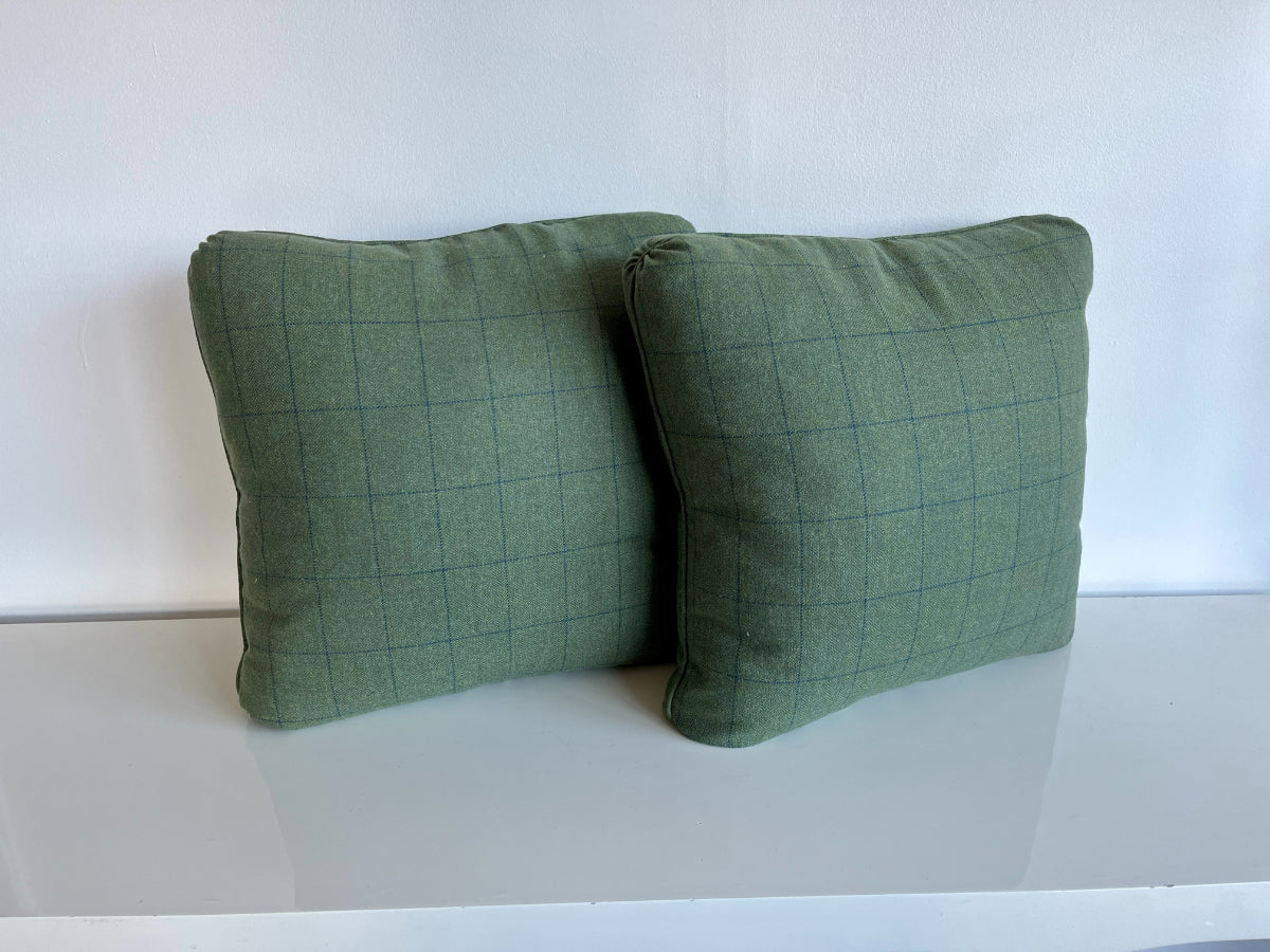 Forest Green Pillows with Blue Plaid Design, Pair