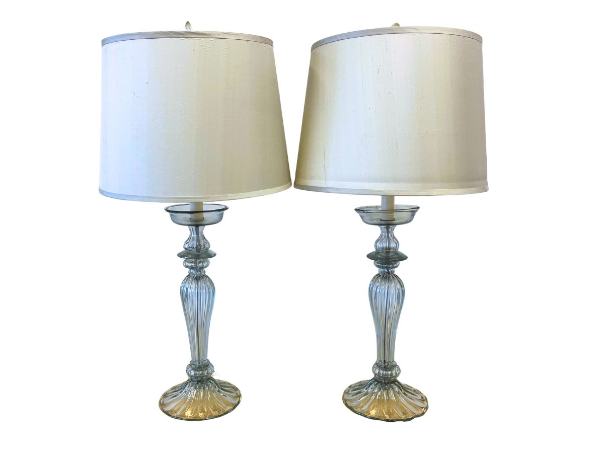 Large Hollywood Regency Fluted Glass Lamps with Silk Shades, Pair