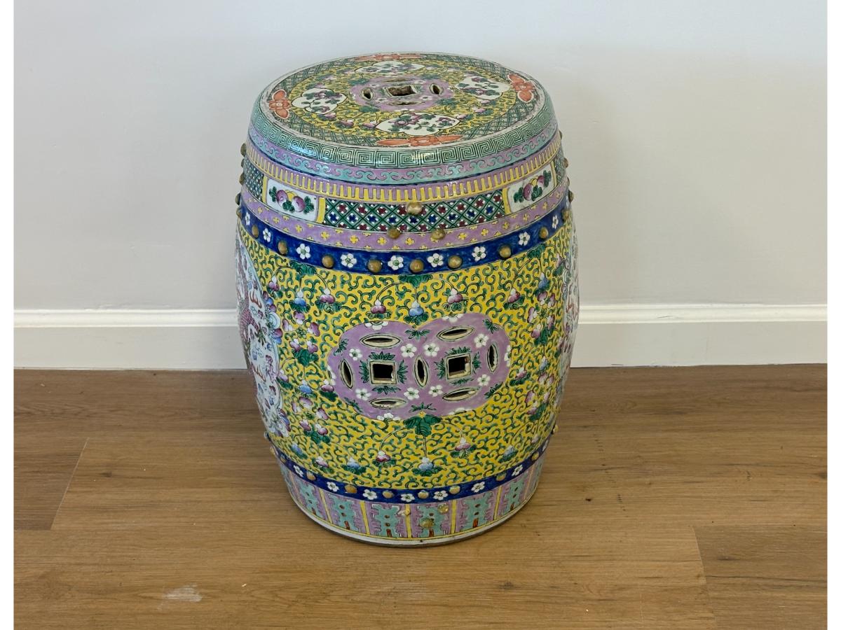 Antique Chinese Famille Rose Garden Stool with Phoenix and Dragon