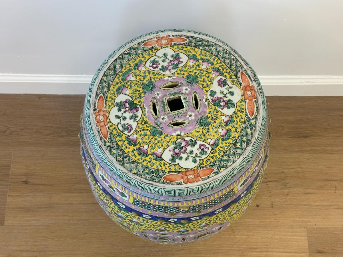 Antique Chinese Famille Rose Garden Stool with Phoenix and Dragon
