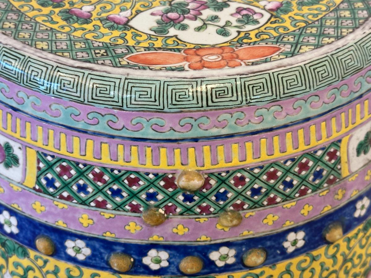 Antique Chinese Famille Rose Garden Stool with Phoenix and Dragon