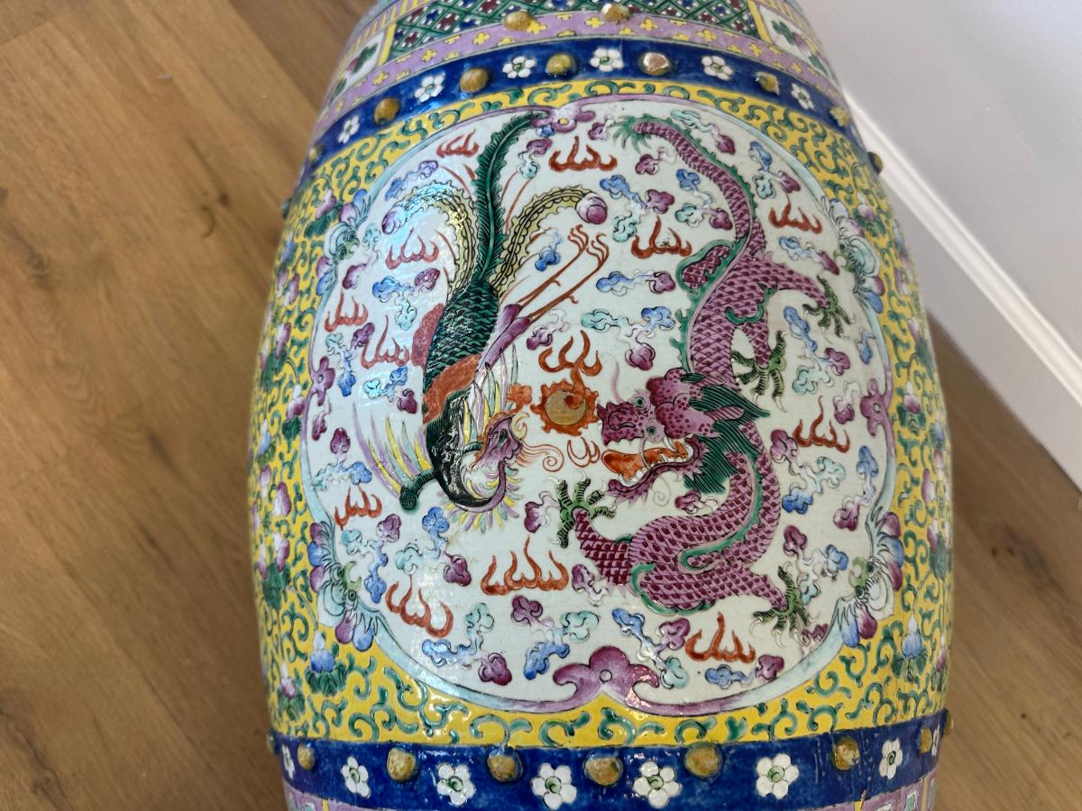Antique Chinese Famille Rose Garden Stool with Phoenix and Dragon