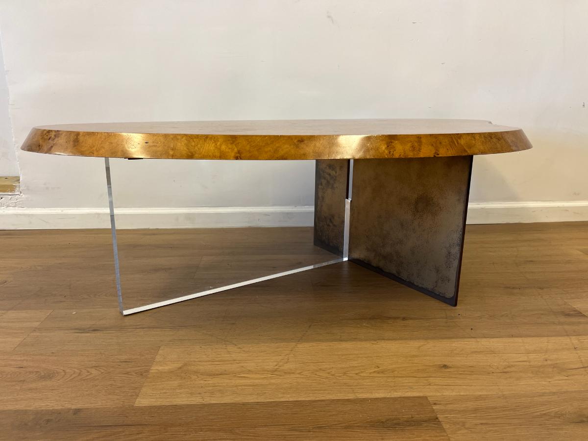 Vintage Biomorphic Burl Wood Coffee Table with Metal & Lucite Base