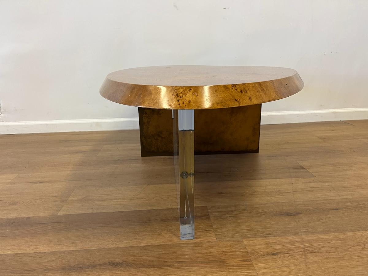 Vintage Biomorphic Burl Wood Coffee Table with Metal & Lucite Base