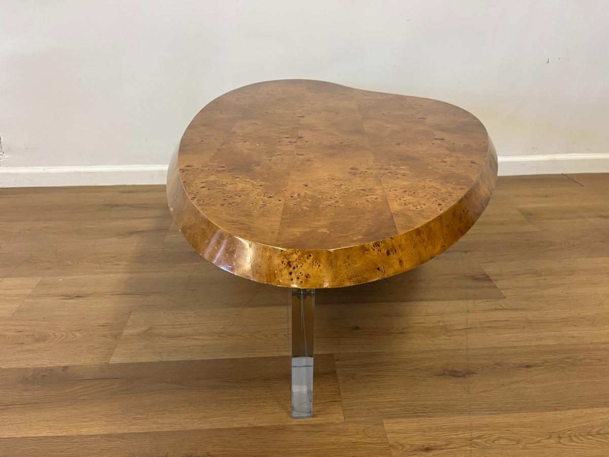 Vintage Biomorphic Burl Wood Coffee Table with Metal & Lucite Base