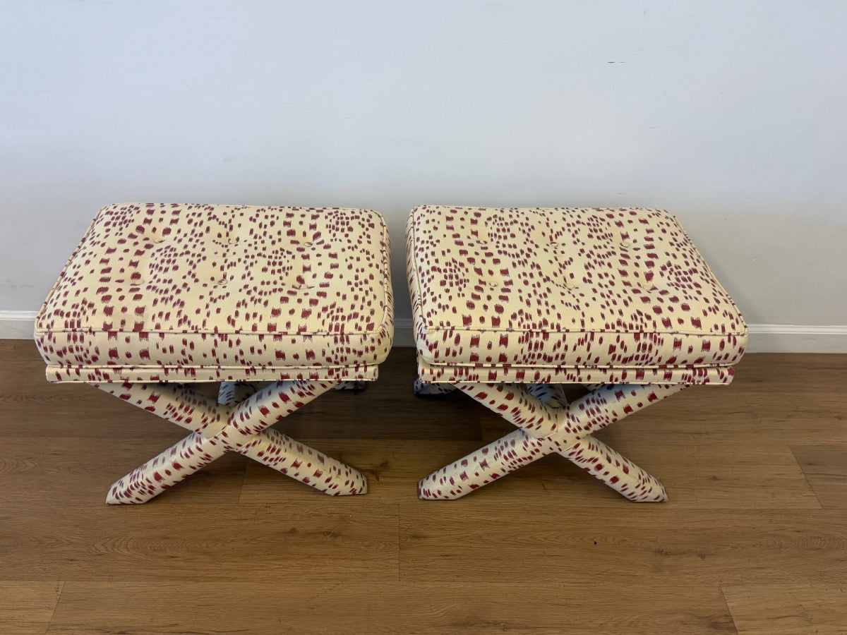Custom Upholstered X Benches in Brunschwig & Fils Les Touches, Pair