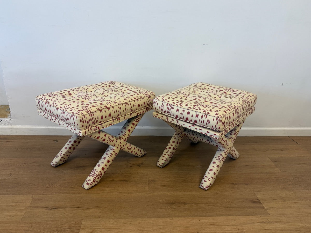 Custom Upholstered X Benches in Brunschwig & Fils Les Touches, Pair
