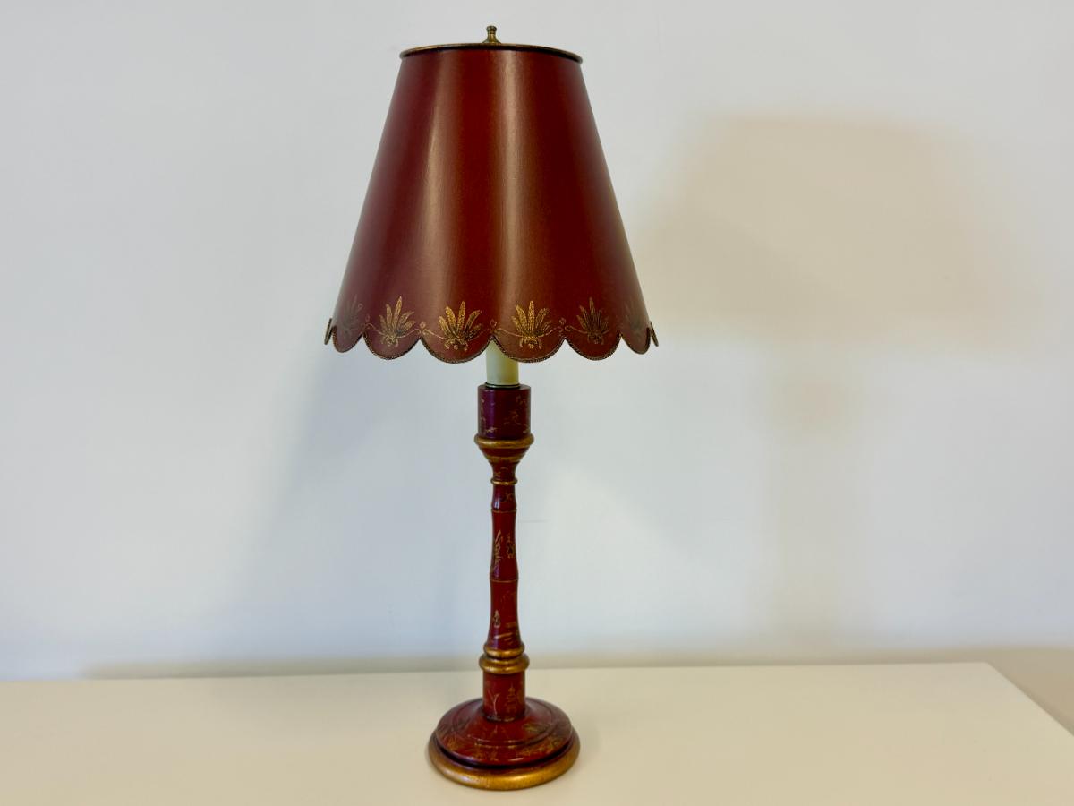 Petite Red Chinoiserie Candlestick Lamp with Tole Shade