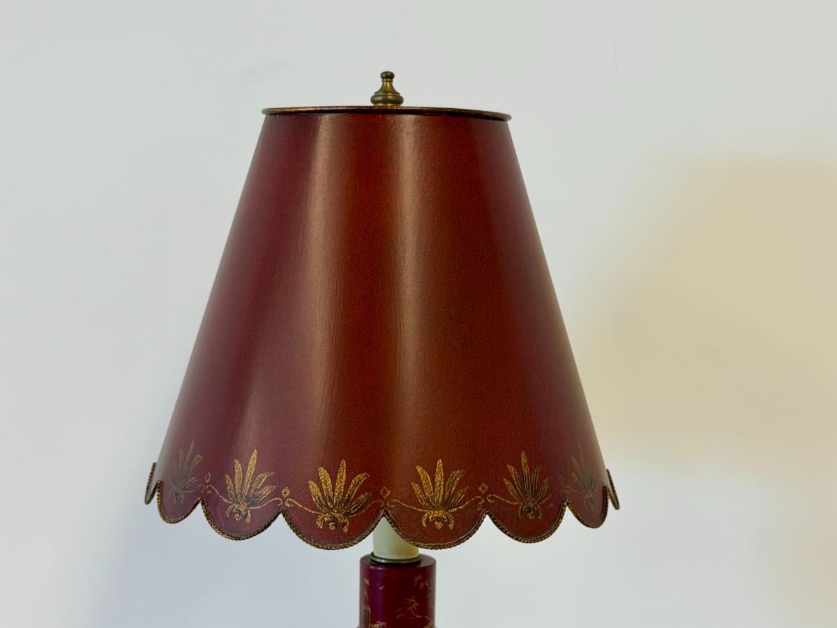Petite Red Chinoiserie Candlestick Lamp with Tole Shade