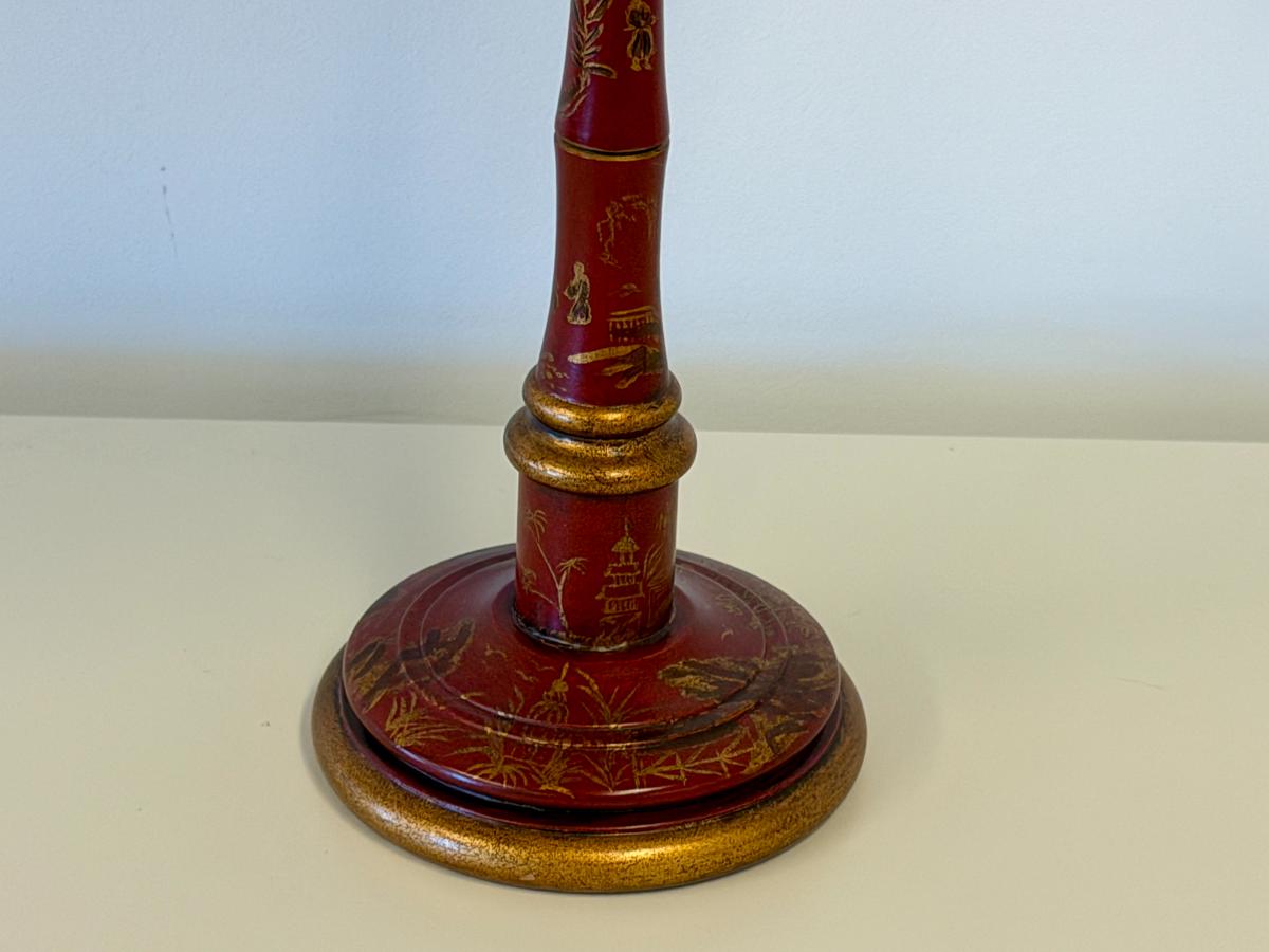 Petite Red Chinoiserie Candlestick Lamp with Tole Shade