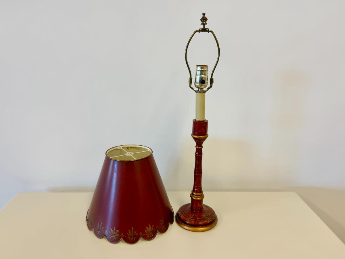 Petite Red Chinoiserie Candlestick Lamp with Tole Shade