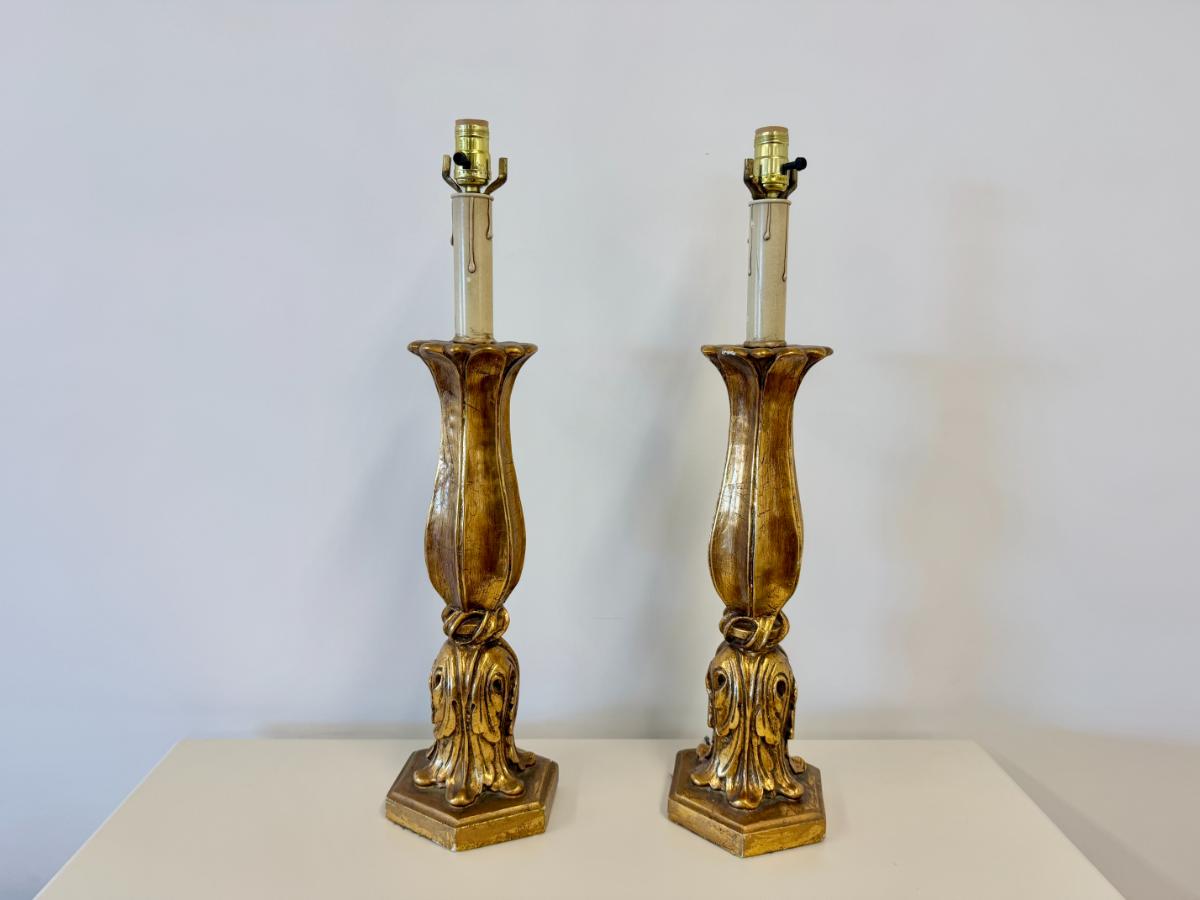 Tall Italian Neoclassical Gesso Candlestick Table Lamps, Pair