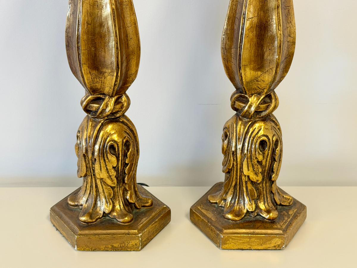 Tall Italian Neoclassical Gesso Candlestick Table Lamps, Pair