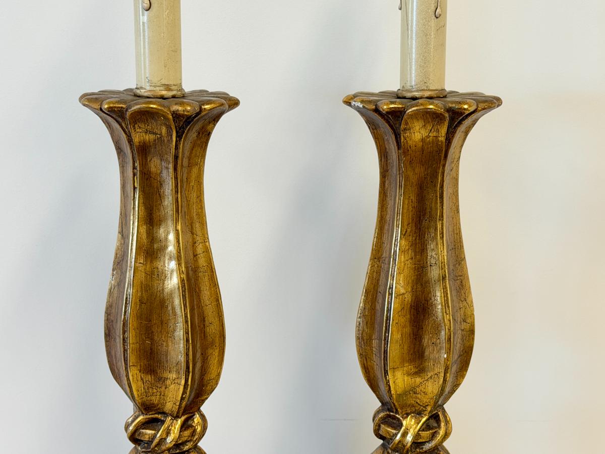 Tall Italian Neoclassical Gesso Candlestick Table Lamps, Pair