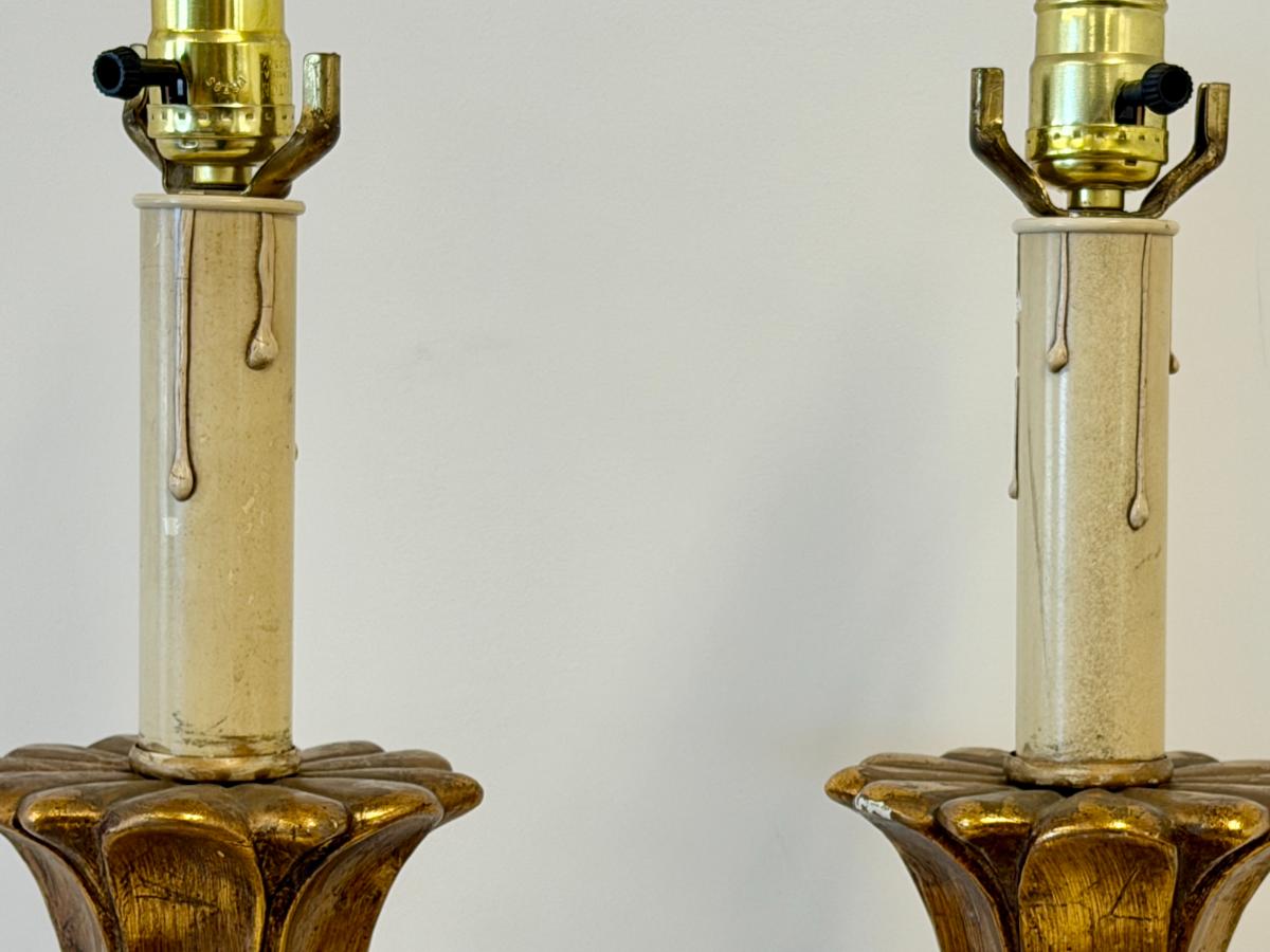 Tall Italian Neoclassical Gesso Candlestick Table Lamps, Pair
