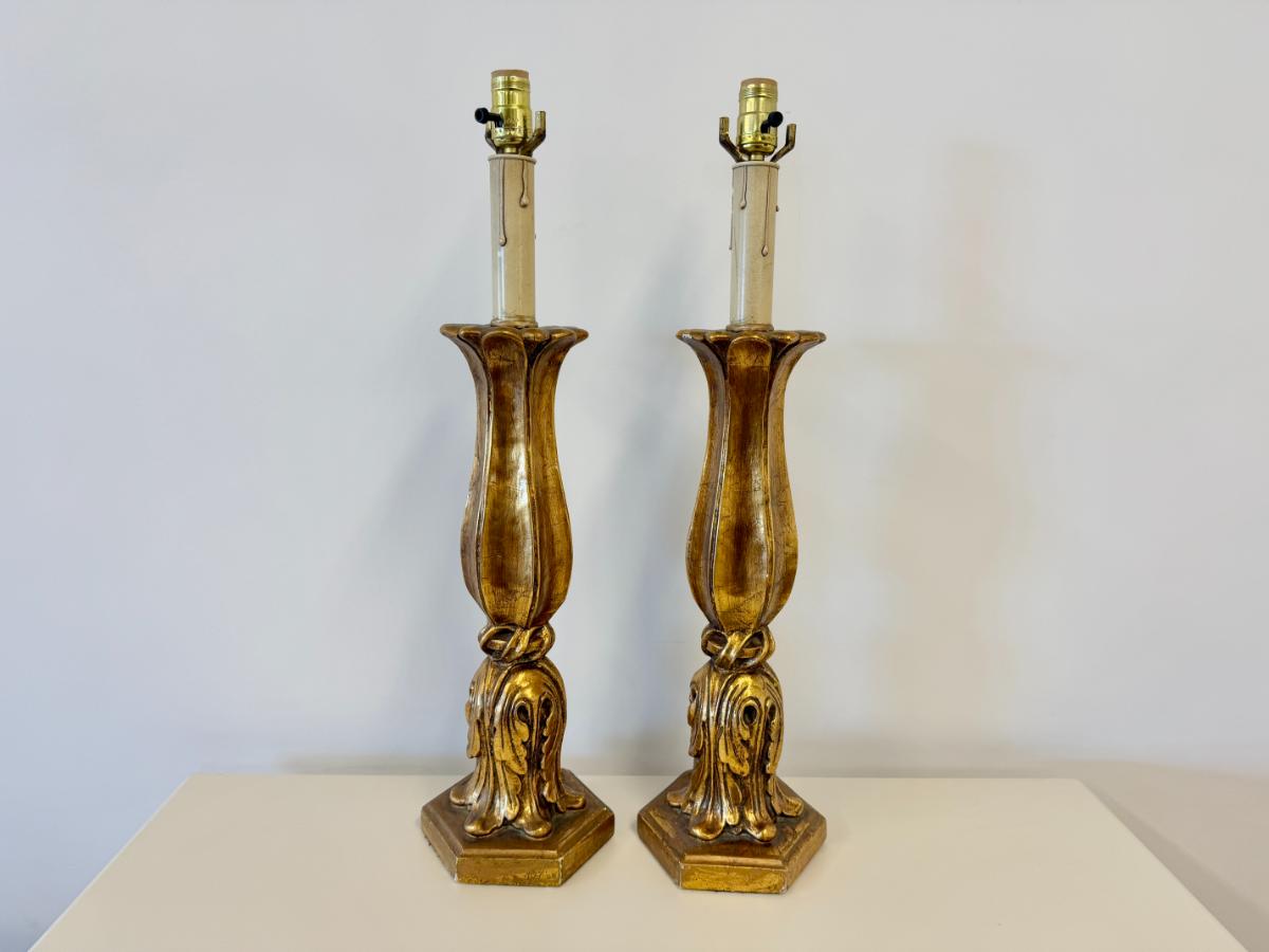 Tall Italian Neoclassical Gesso Candlestick Table Lamps, Pair