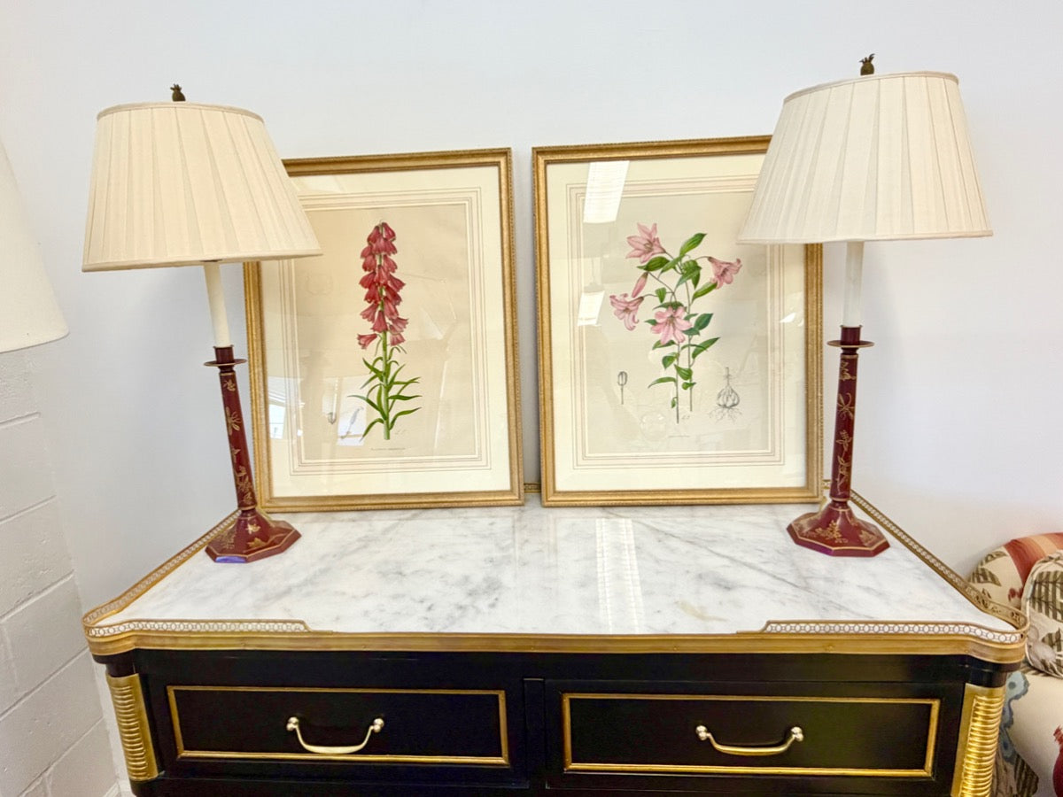 Red Painted Candlestick Buffet Lamps, Pair