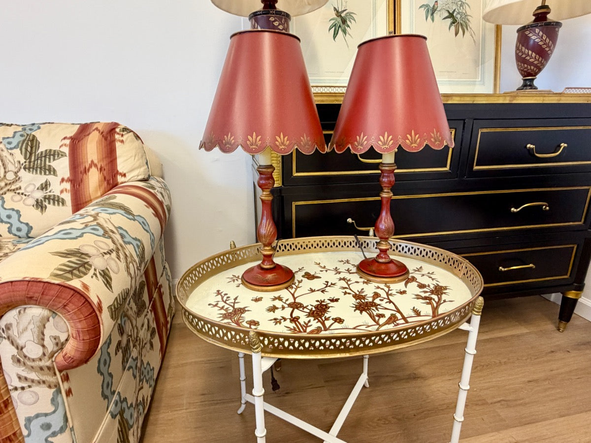 Red Candlestick Lamps with Tole Shades, Pair