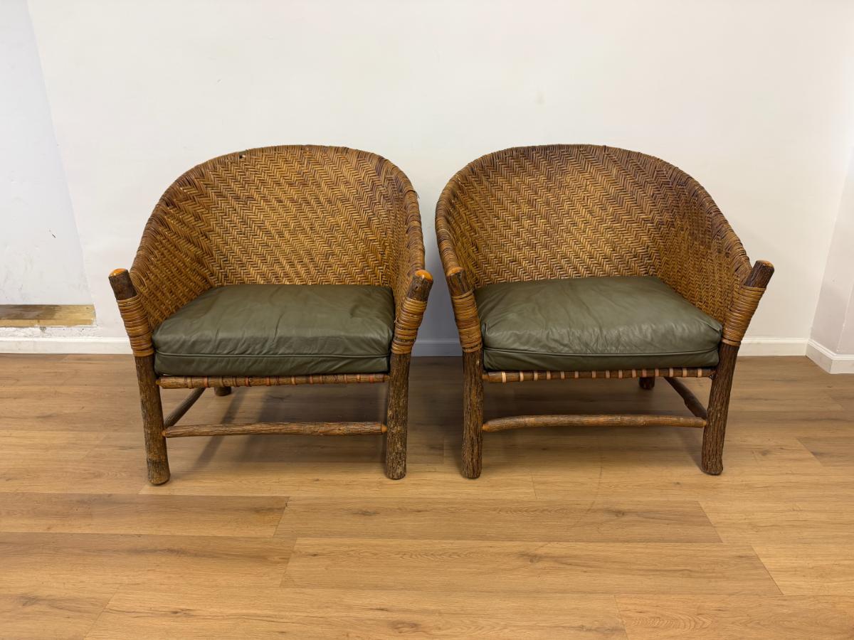 Old Hickory Captain’s Rattan Chairs, Pair