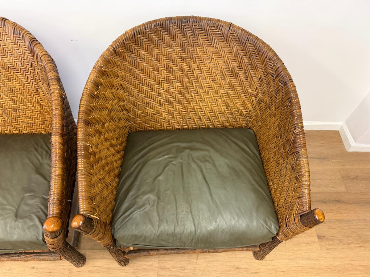 Old Hickory Captain’s Rattan Chairs, Pair
