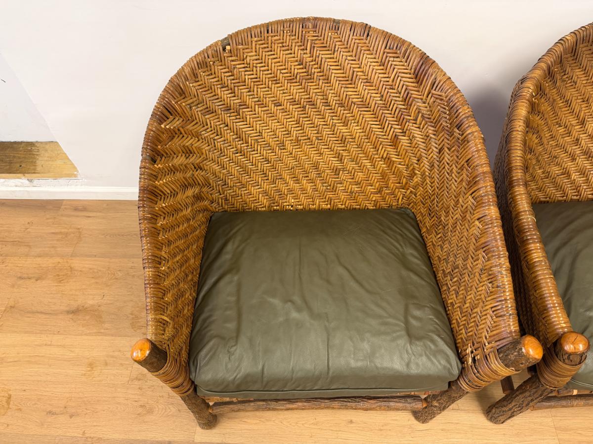 Old Hickory Captain’s Rattan Chairs, Pair