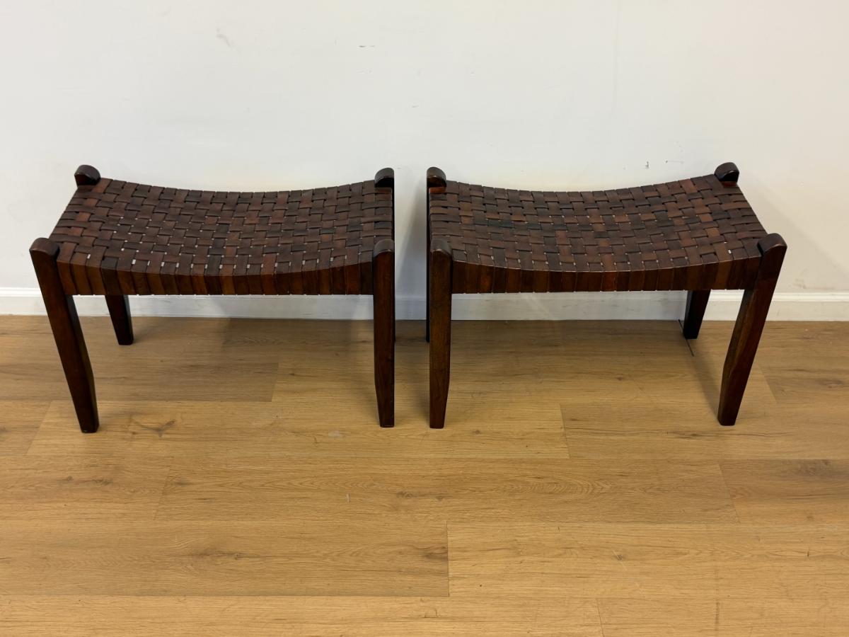 Arts & Crafts Woven Leather Stools, Pair