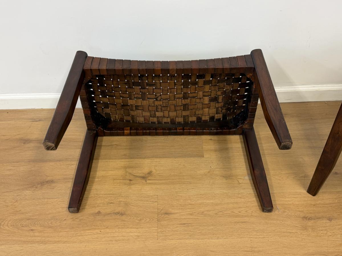 Arts & Crafts Woven Leather Stools, Pair