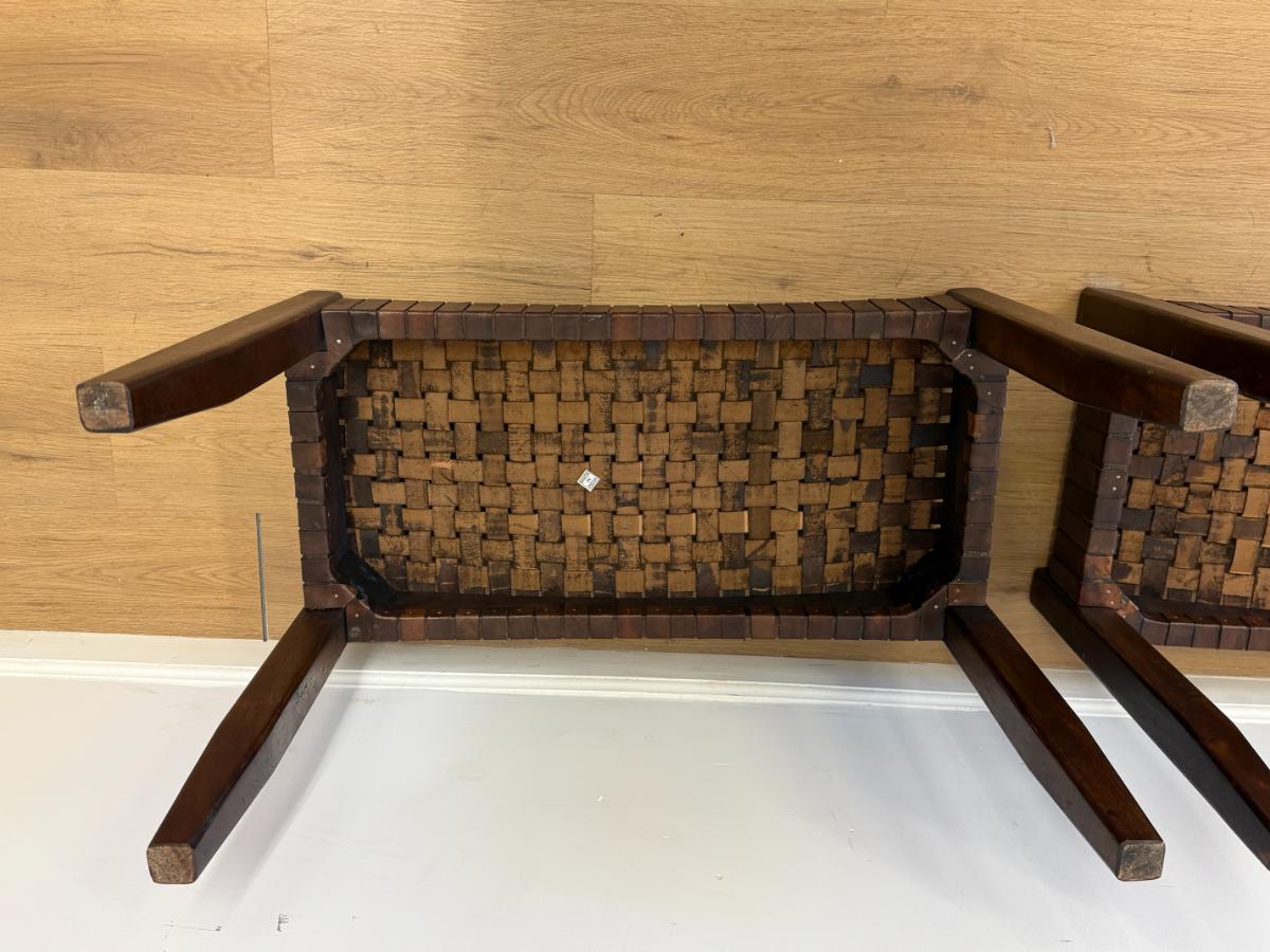 Arts & Crafts Woven Leather Stools, Pair